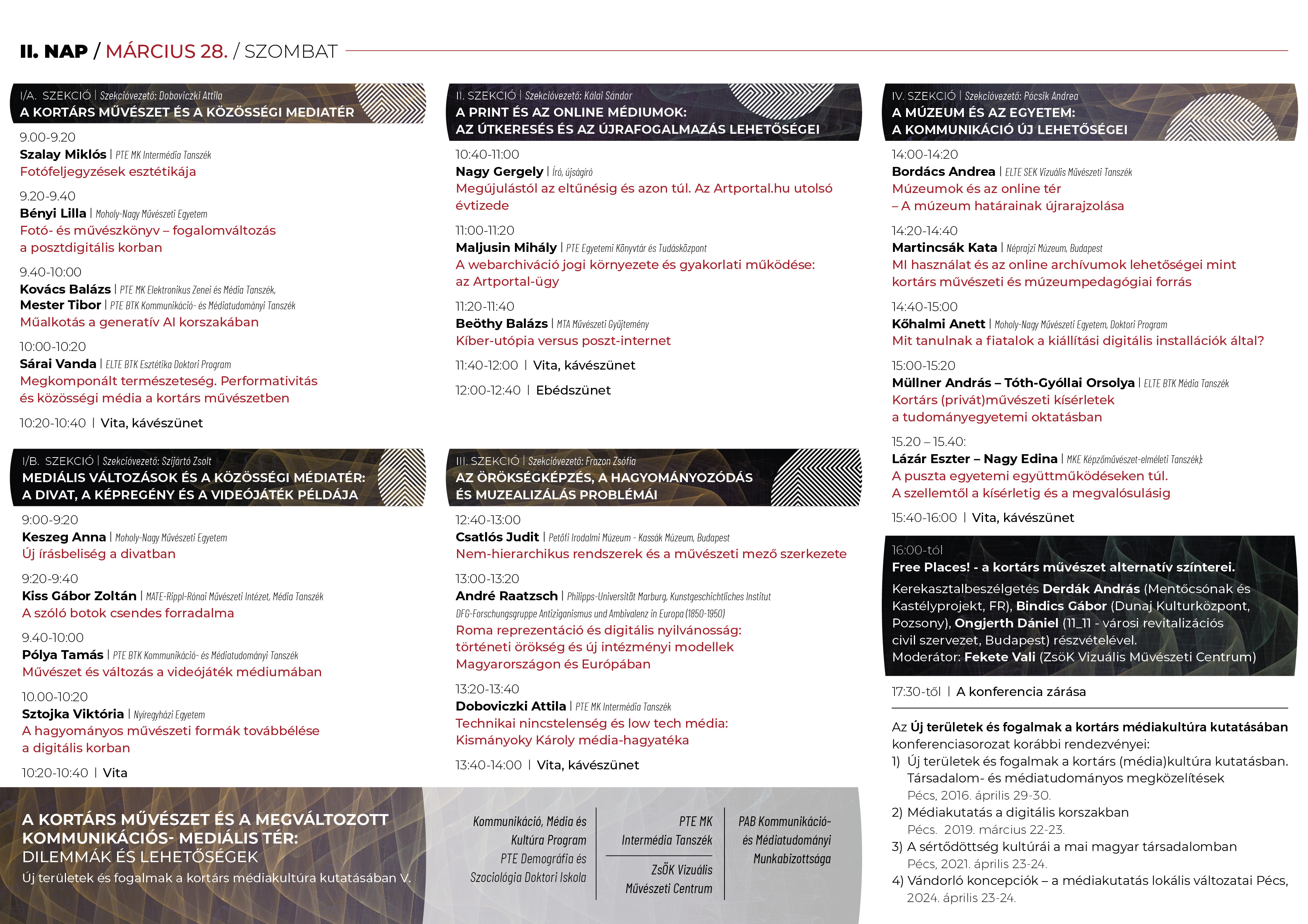 A kortárs művészet és a megváltozott kommunikációs-mediális tér: dilemmák és lehetőségek konferencia programja 2