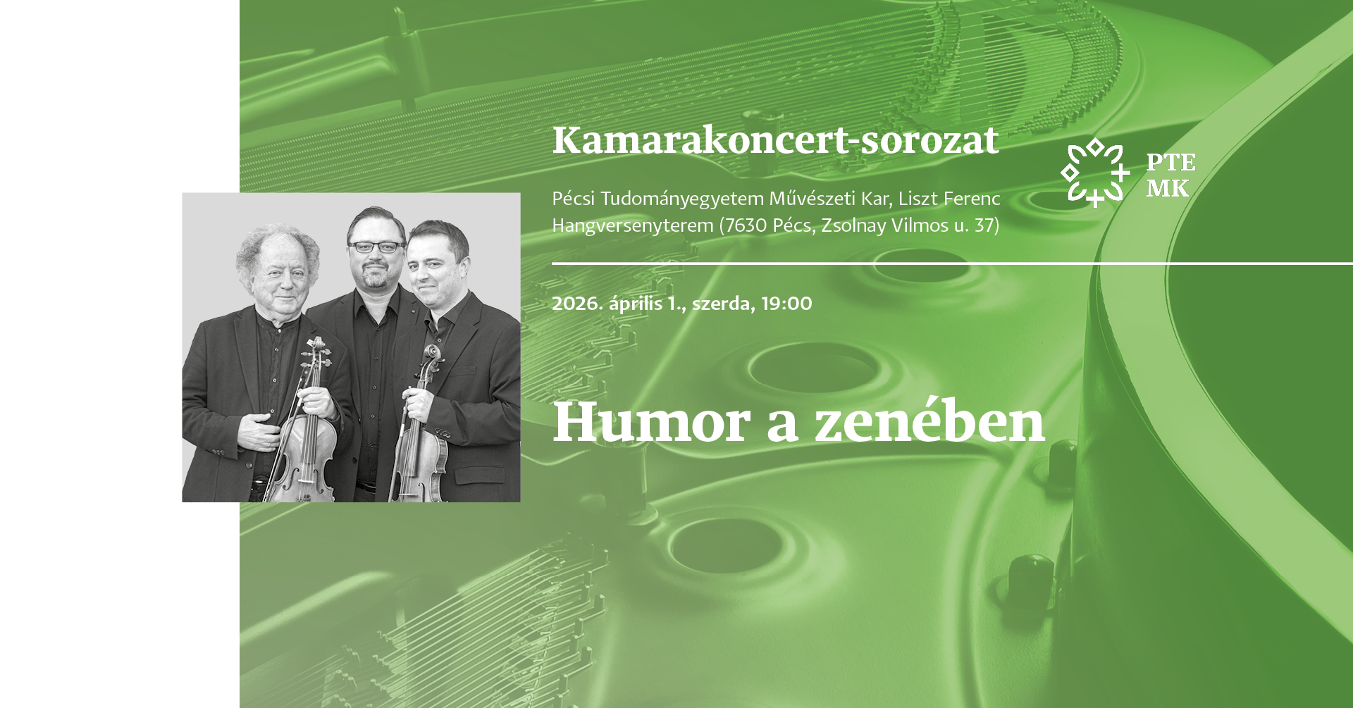 A ZMI kamarakoncert-sorozatának következő részében: Humor a zenében  Szecsődi Ferenc, Benedekfi István (zongora) és Benedekfi Zoltán (hegedű) szórakoztató hangversenye a humor jegyében, április 1-én, 19 órakor a Liszt Ferenc Hangversenyteremben.
